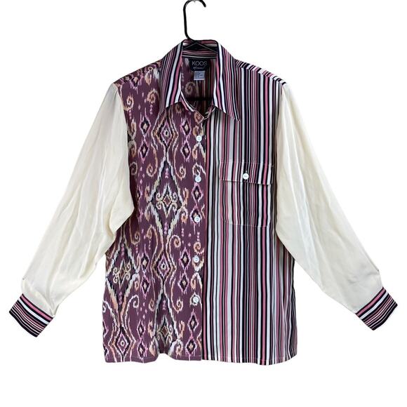 Koos of Course Womens 100% Silk Art to Wear Button Front Mixed Print Blouse Sz M - Picture 1 of 6